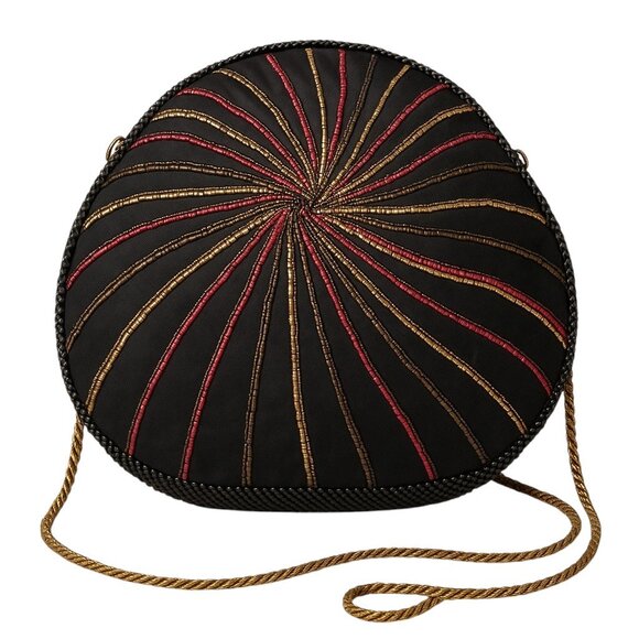 VINTAGE Beaded Black Satin Clamshell Crossbody Purse Clutch Bag Chain Strap Kiss - Picture 4 of 7